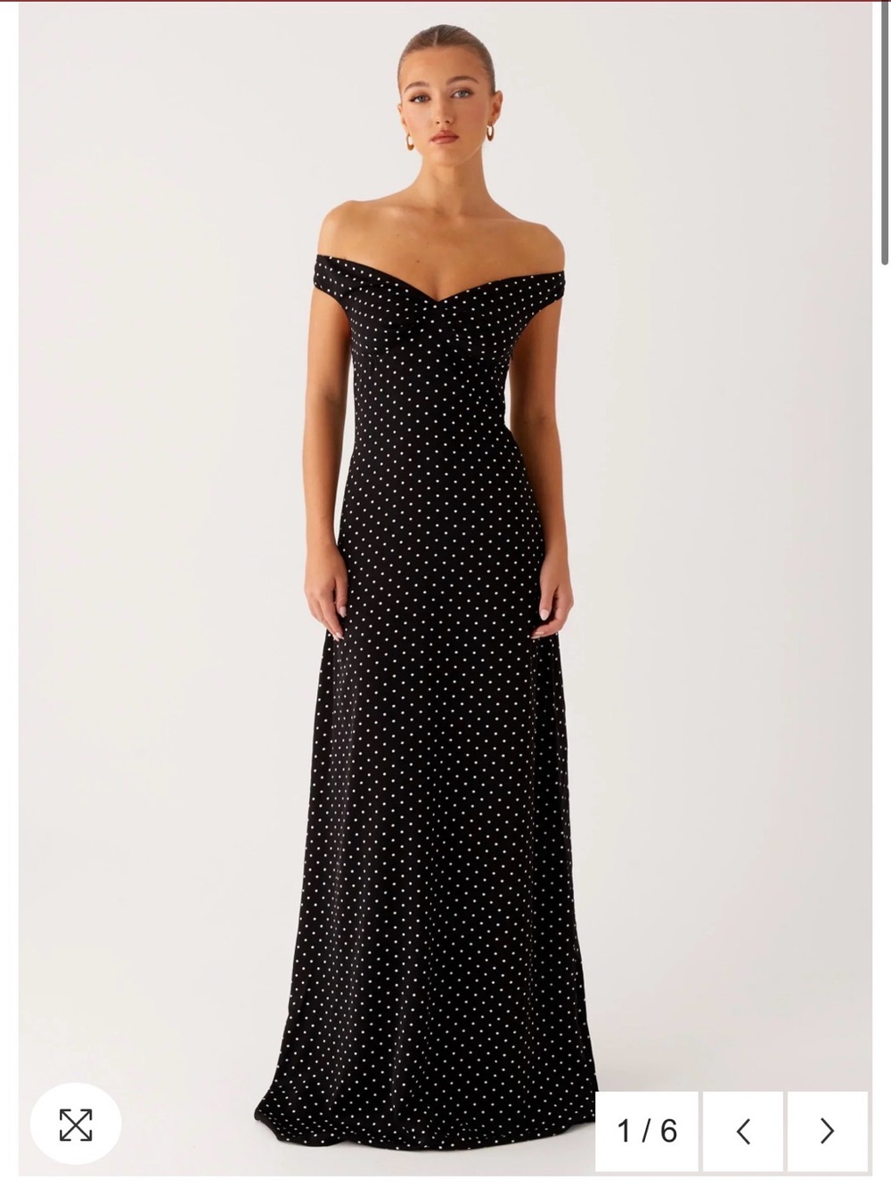 Off-Shoulder Black Polka Dot Maxi Dress